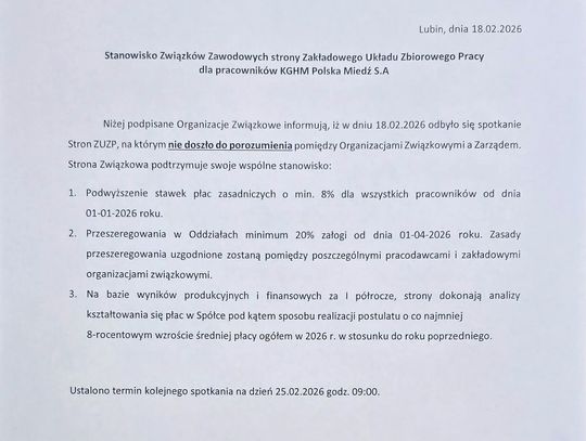 Bez porozumienia między związkami zawodowymi a zarządem KGHM Polska Miedź S.A.