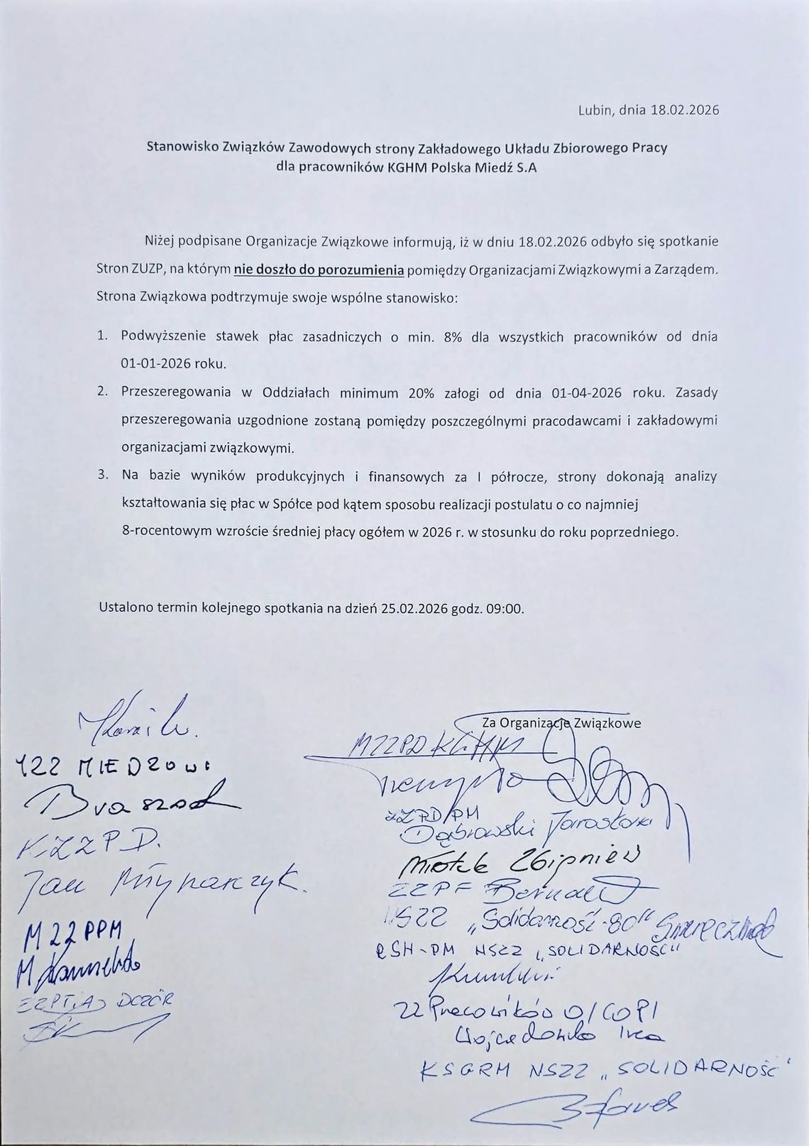 Bez porozumienia między związkami zawodowymi a zarządem KGHM Polska Miedź S.A.