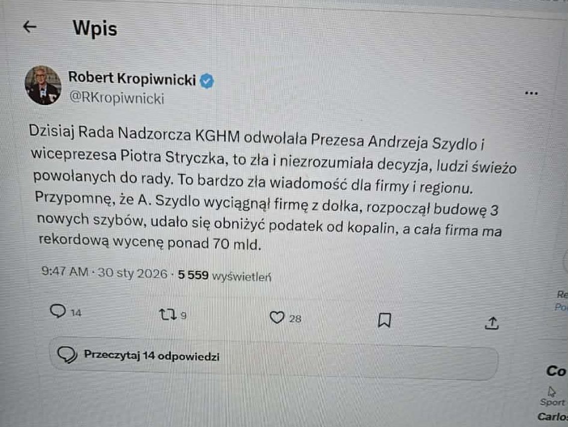Kadrowy wstrząs w KGHM. Odwołano prezesa i wiceprezesa